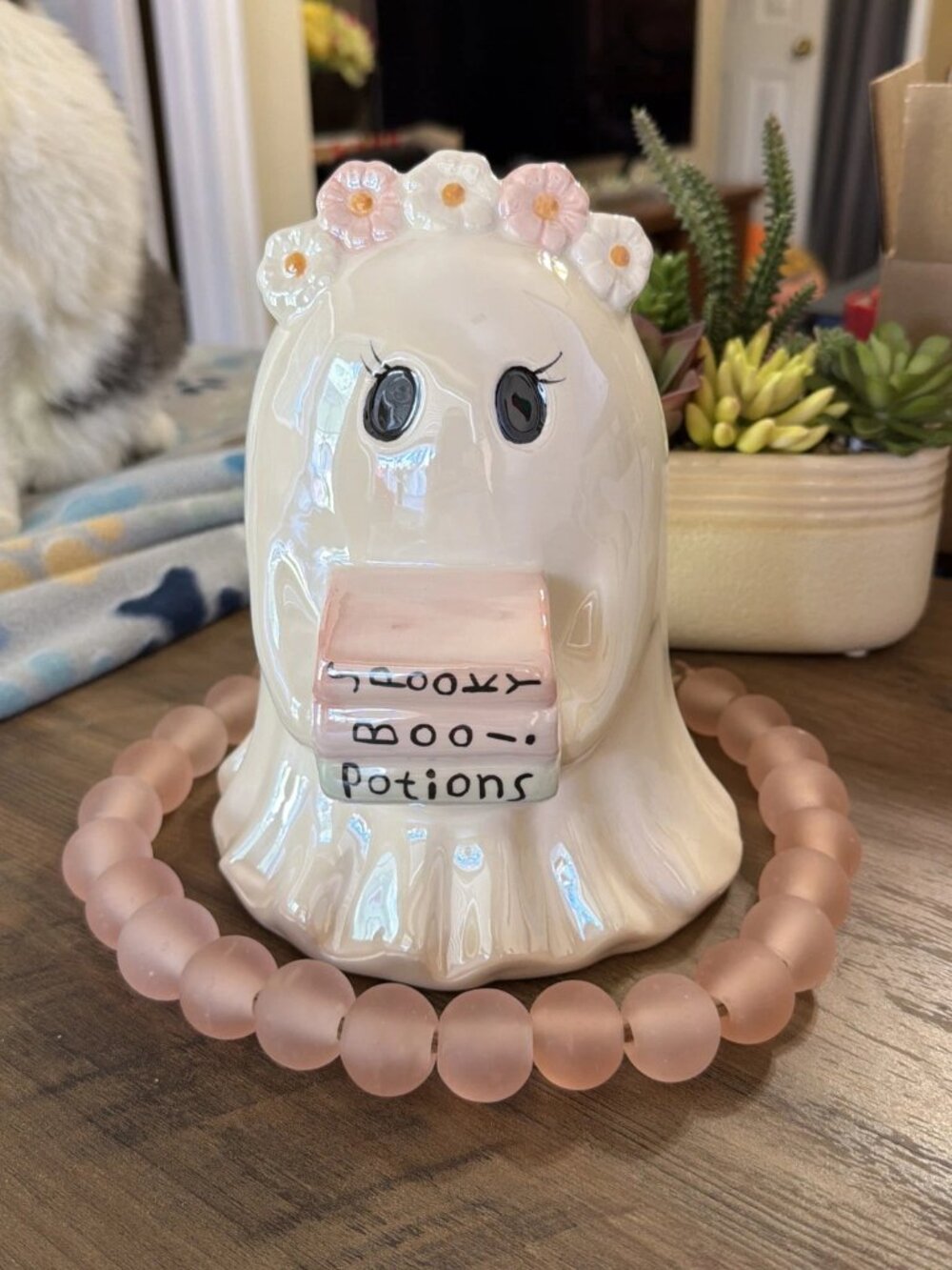 Iridescent Ceramic Flower Crown Ghost Figurine Holding A Stack of Books - NWOT